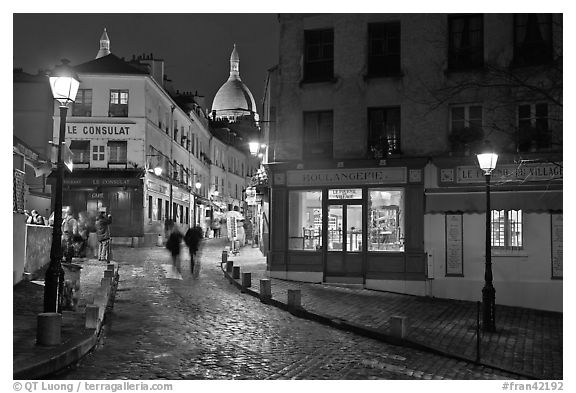 paris at night black and white street