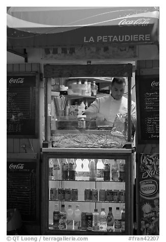 Street food vending booth, Montmartre. Paris, France (black and white)