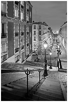 Stairs and street lamps by night, Butte Montmartre. Paris, France (black and white)