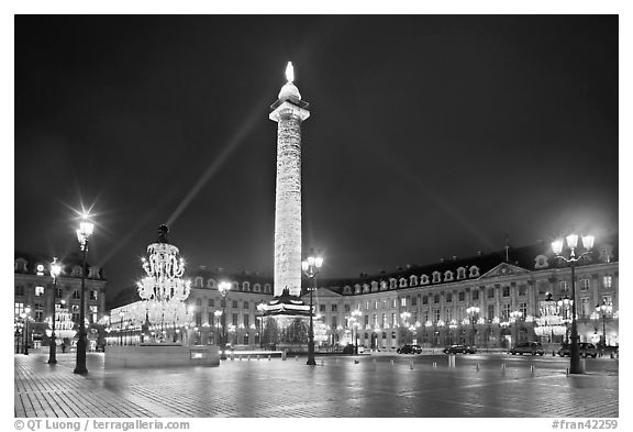 Place Vendome by night with Christmas lights. Paris, France (black and white)