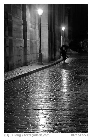 Street lamps reflected in wet pavement, with woman walking. Paris, France (black and white)