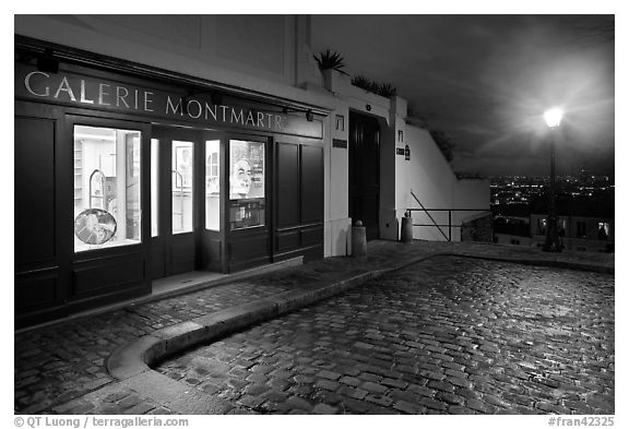 Gallery, street light, and coblestone pavement, Montmartre. Paris, France