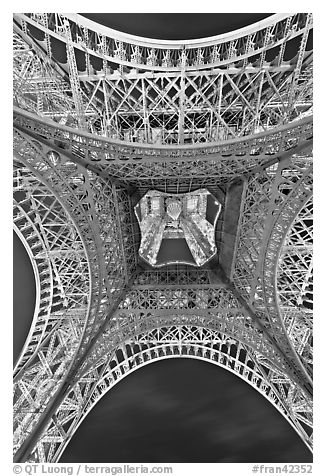 Eiffel Tower structure from below. Paris, France (black and white)