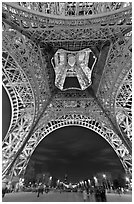Eiffel Tower from below and Champs de Mars at night. Paris, France ( black and white)