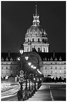 Street lights and Les Invalides by night. Paris, France (black and white)