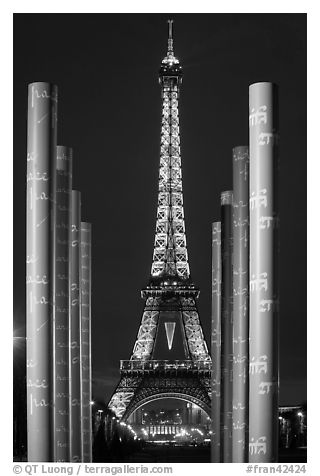 Columns of memorial to peace end Eiffel Tower by night. Paris, France (black and white)