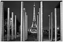 Memorial with word peace written on 32 columns in 32 languages. Paris, France (black and white)