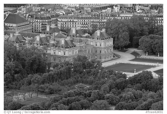 Senate and Luxembourg gardens from above. Quartier Latin, Paris, France (black and white)