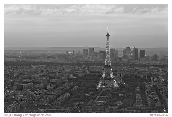 Eiffel Tower, Champs de Mars, La Defense at sunset. Paris, France (black and white)