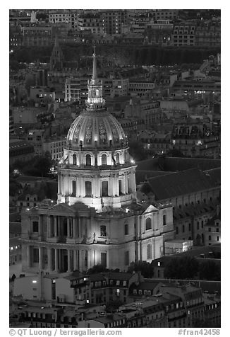Invalides dome at night from above. Paris, France (black and white)