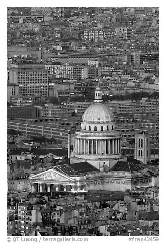 Pantheon at dusk from above. Quartier Latin, Paris, France (black and white)
