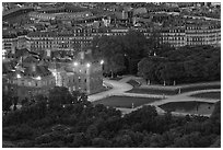 Aerial night view of Jardin du Luxembourg and Senate. Quartier Latin, Paris, France (black and white)