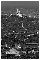 Aerial view with Louvre and Montmartre at night, Montmartre. Paris, France ( black and white)