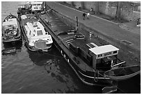 Barges and quay, Seine River. Paris, France ( black and white)