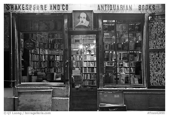 Shakespeare and Co bookstore at dusk. Quartier Latin, Paris, France (black and white)