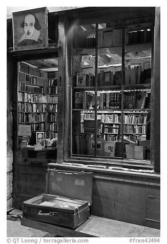 Shakespeare and Co storefront at night. Quartier Latin, Paris, France (black and white)