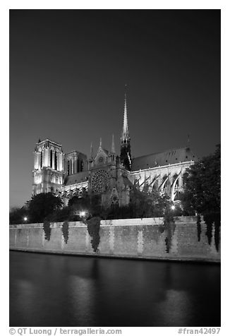 Notre Dame Cathedral and Seine River at twilight. Paris, France (black and white)