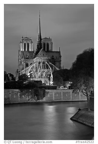 Banks of the Seine River and Notre Dame at twilight. Paris, France (black and white)