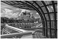 Curvy modern structure framing the church of Saint-Eustache. Paris, France ( black and white)