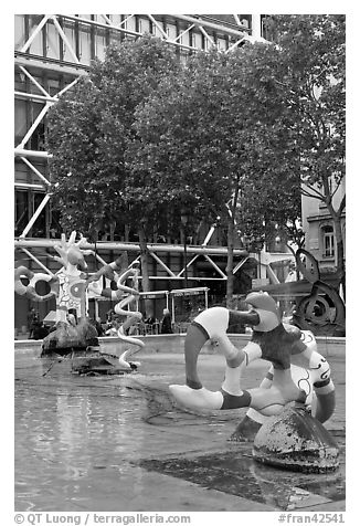 Fontaine des automates with modern colorful sculptures. Paris, France (black and white)