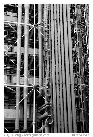 Exposed functional structural elements of Centre George Pompidou. Paris, France (black and white)