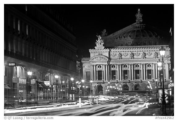 Opera (Palais Garnier) at night with lights. Paris, France (black and white)