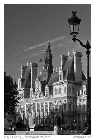 Street lamp and Hotel de Ville, afternoon. Paris, France (black and white)