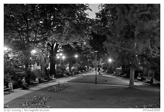 Park on the tip of Ile de la Cite at dusk. Paris, France (black and white)