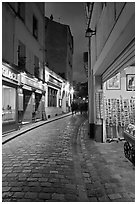 Pedestrian cobblestone street and tourist business, Montmartre. Paris, France ( black and white)