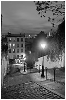Hillside stairs, street lights, and Eiffel Tower in the distance, Montmartre. Paris, France (black and white)
