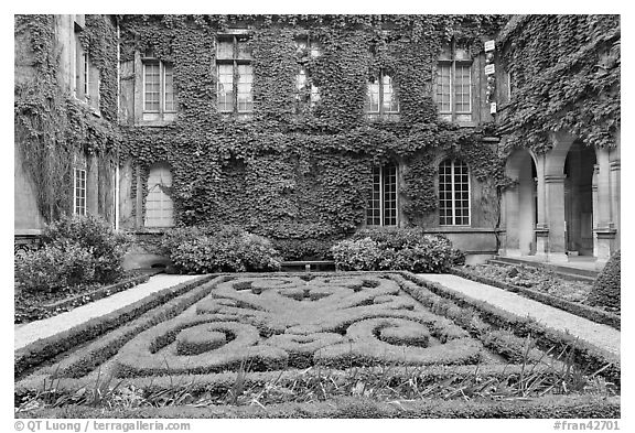 Formal garden in courtyard of hotel particulier. Paris, France