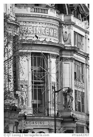 Facade detail of Printemps department store. Paris, France (black and white)