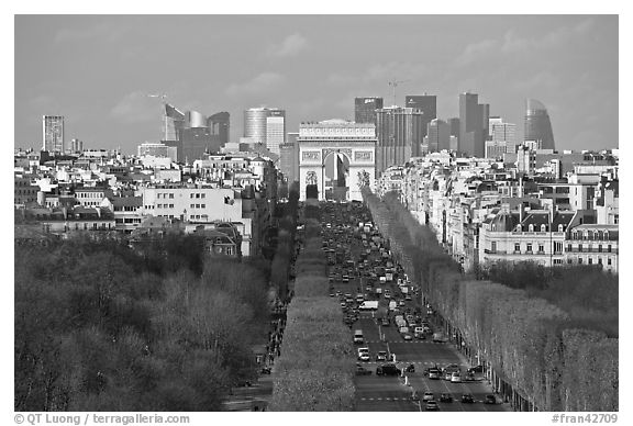 Aerial view of Champs-Elysees, Arc de Triomphe, and La Defense. Paris, France (black and white)
