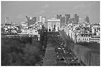 Aerial view of Champs-Elysees, Arc de Triomphe, and La Defense. Paris, France ( black and white)