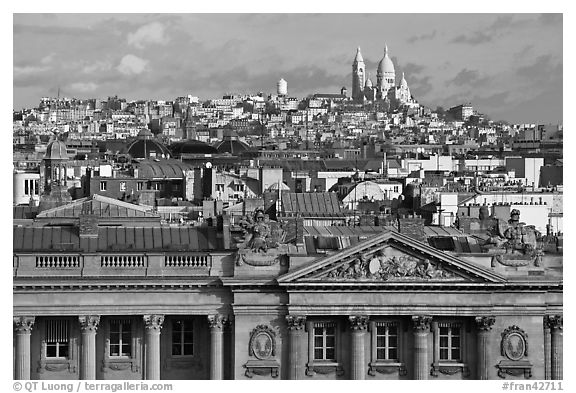 Classical building, Rooftops and Butte Montmartre. Paris, France (black and white)