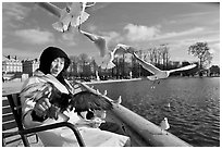 Elderly woman and seagulls, Tuileries garden. Paris, France ( black and white)