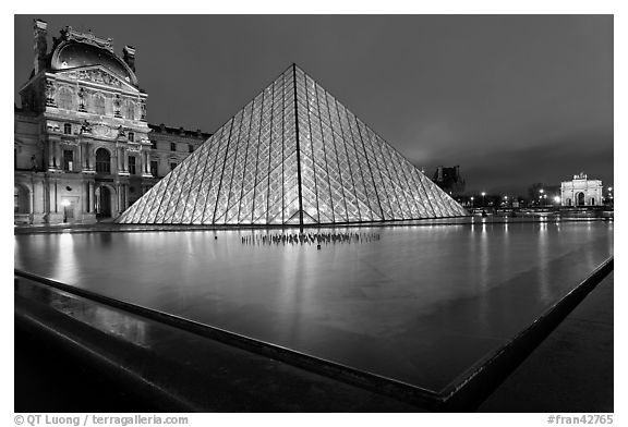 IM Pei Pyramid and reflection ponds at night, The Louvre. Paris, France