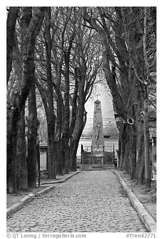 Trees and memorial, Pere Lachaise cemetery. Paris, France (black and white)