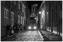 Blue lights in the streets and Saint-Etienne Cathedral. Bourges, Berry, France ( black and white)