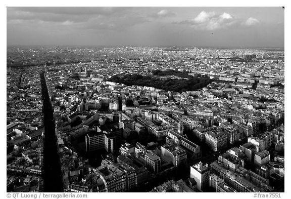 Streets and Luxembourg Garden seen from the Montparnasse Tower. Paris, France (black and white)