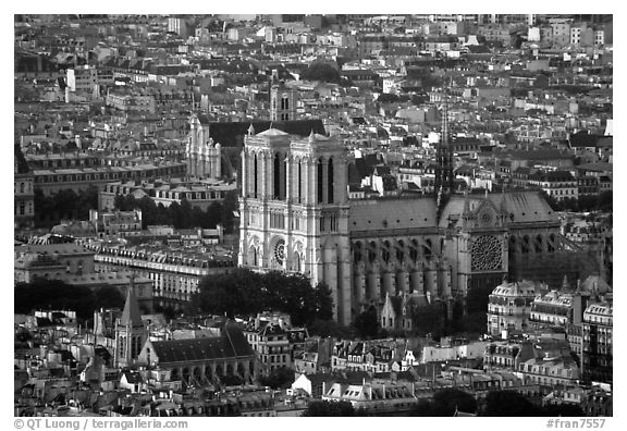 Notre Dame seen from the Montparnasse Tower, sunset. Paris, France (black and white)