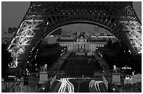 Ecole Militaire (Military Academy) seen through Tour Eiffel  at dusk. Paris, France ( black and white)
