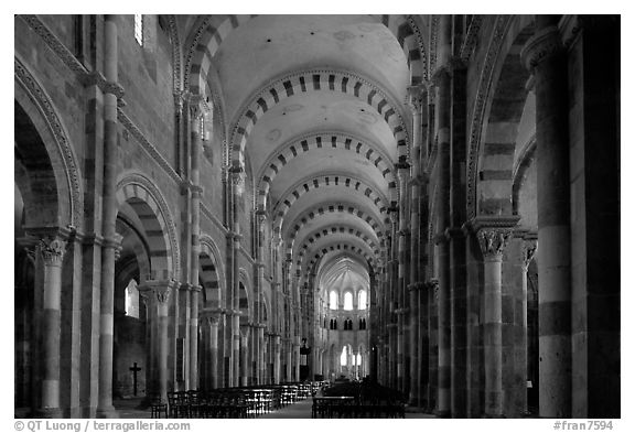 Nave of the Romanesque church of Vezelay. Burgundy, France (black and white)