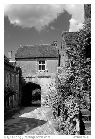 Street and old town gate, Vezelay. Burgundy, France (black and white)