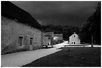Gardens, approaching evening storm, Fontenay Abbey. Burgundy, France (black and white)