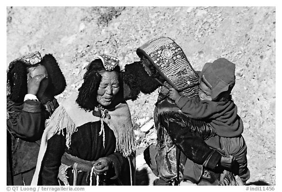 Elderly women with turquoise-covered head adornments, Zanskar, Jammu and Kashmir. India (black and white)