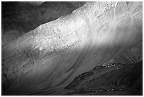 Monastary dwarfed by huge cliffs, Zanskar, Jammu and Kashmir. India (black and white)