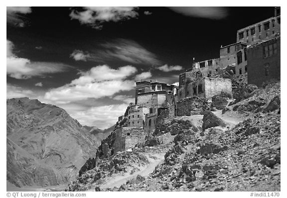 Perched monastary, Ladakh, Jammu and Kashmir. India (black and white)