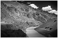 Tsarap River and Phugtal monastery, Zanskar, Jammu and Kashmir. India ( black and white)