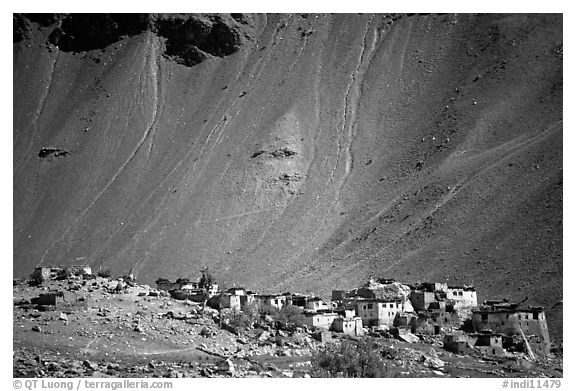 Village and scree slope, Zanskar, Jammu and Kashmir. India